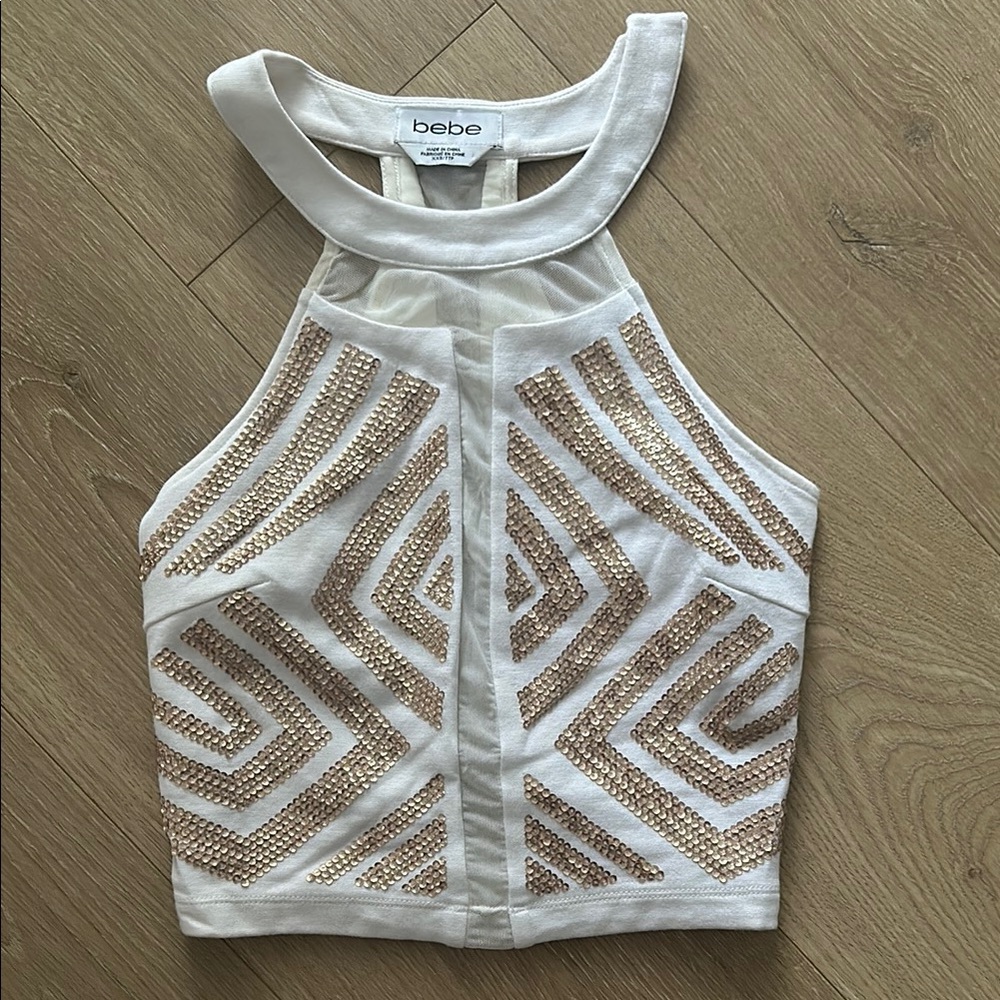 Bebe White and Gold Embellished Halter Top